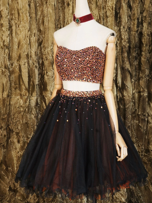 Homecoming Dresses Two Pieces Frederica Black Beads Tulle Short Black CD12694