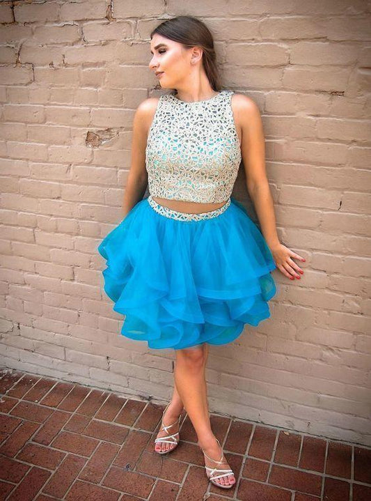 Two Piece Lace Homecoming Dresses Stella Short Blue Tulle CD13481