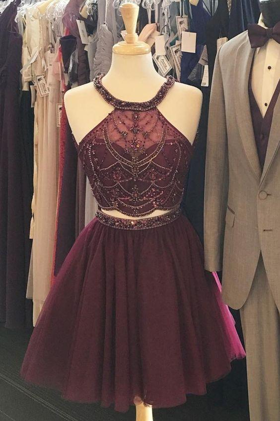 Halter Homecoming Dresses Myla Two Piece Burgundy Beaded Party Dresses CD1484