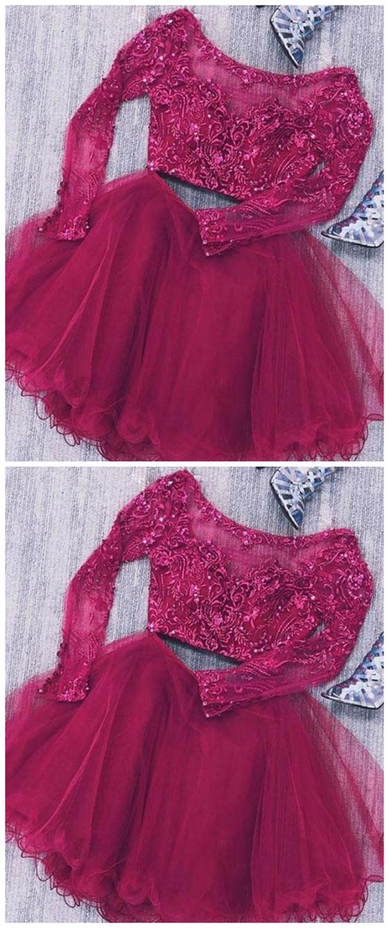 Two Piece Long Sleeves Tulle Lace Homecoming Dresses Vivien Short With Beads CD1507