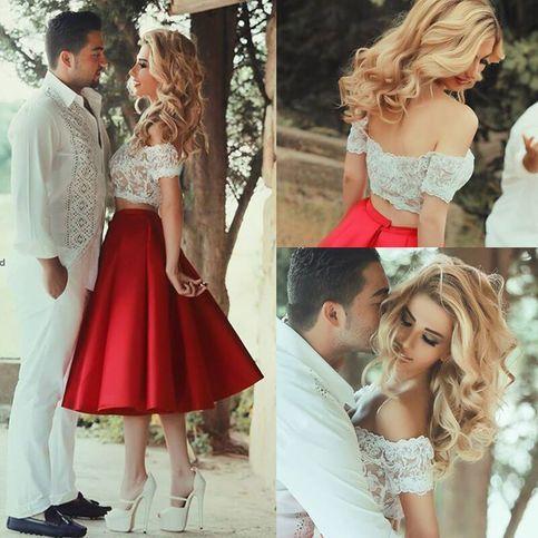 Two Piece Red Homecoming Dresses Sara Satin Lace Off-The-Shoulder White Short Sleeve Tea-Length Party Dresses DF167