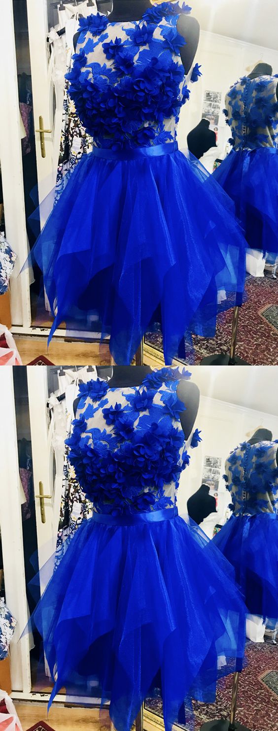 Organza Ruffles Homecoming Dresses Lace Cloe Royal Blue With 3D Flowers CD175