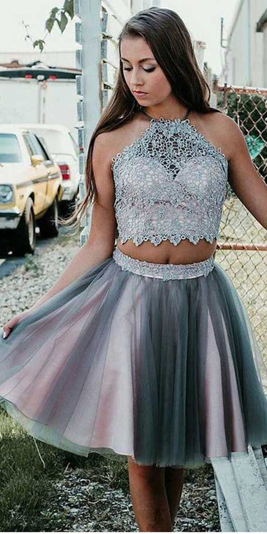 Grey Short Two Piece Halter Party Dress Lace Homecoming Dresses Angelique With CD2105