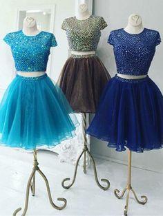 Beautiful Two Piece Homecoming Dresses Royal Blue Cassie Stunning Two Piece Jewel Cap Sleeves Short Organza DF2135