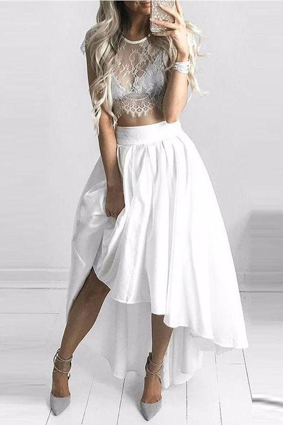 Classy Two Pieces Lace Homecoming Dresses Kaiya White High Low CD22538