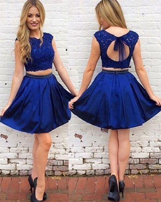 Two Piece Royal Blue Homecoming Dresses Lace Felicity Satin Bodice CD2262