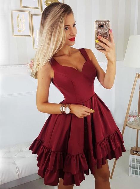 A-Line Straps Above-Knee Burgundy Amira Homecoming Dresses Tiered With Pleats CD22832