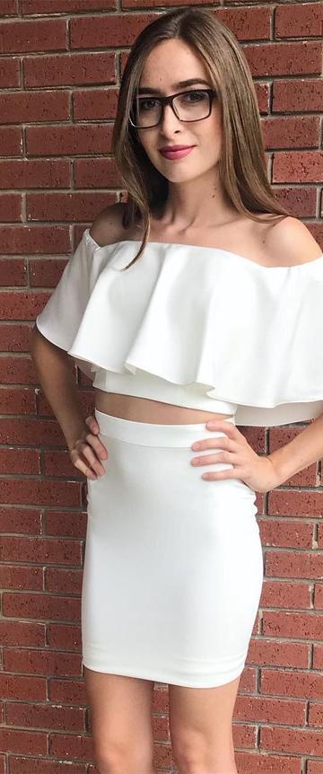 Sexy Two Piece Off The Shoulder Short Homecoming Dresses Precious White Tight CD22881