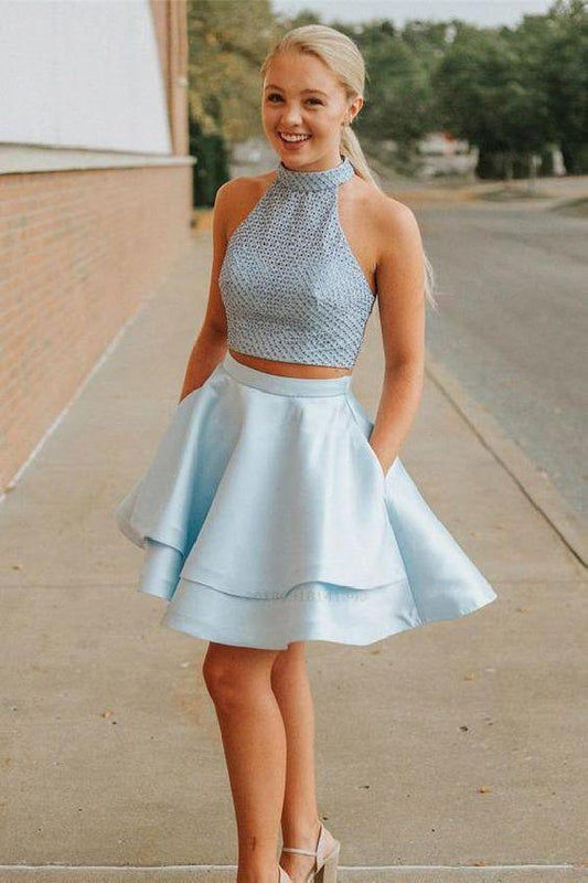 Halter Sleeveless Backless Blue Homecoming Dresses Alula Two Pieces Short CD232