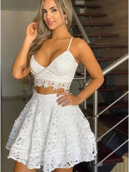 Two Piece Spaghetti Elliana Homecoming Dresses Lace Straps Short White CD23868