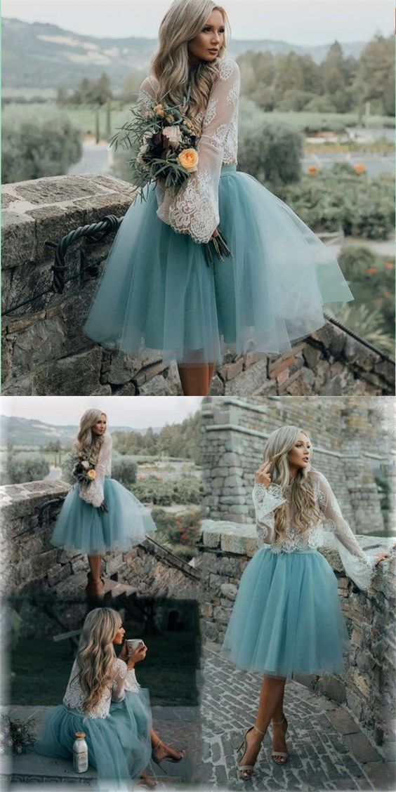 Cheap Ayla Two Pieces Lace Homecoming Dresses Tulle And Blue Short Dress CD24