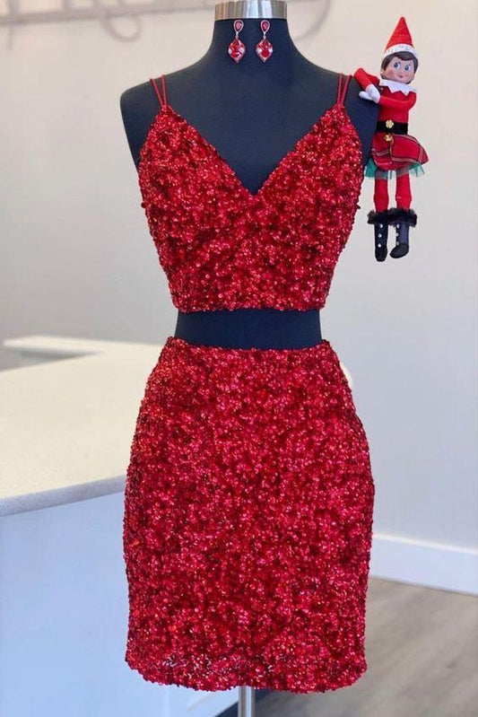 Two Piece Homecoming Dresses Lauretta Red Sequined Dress CD24085