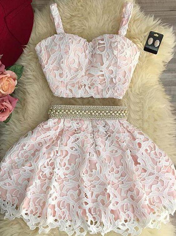 Homecoming Dresses Mya Two Pieces Lace Pink Cute Short CD244