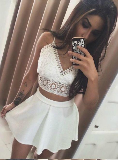 White Two Piece Spaghetti Straps Lace Homecoming Dresses Allison Short CD24635