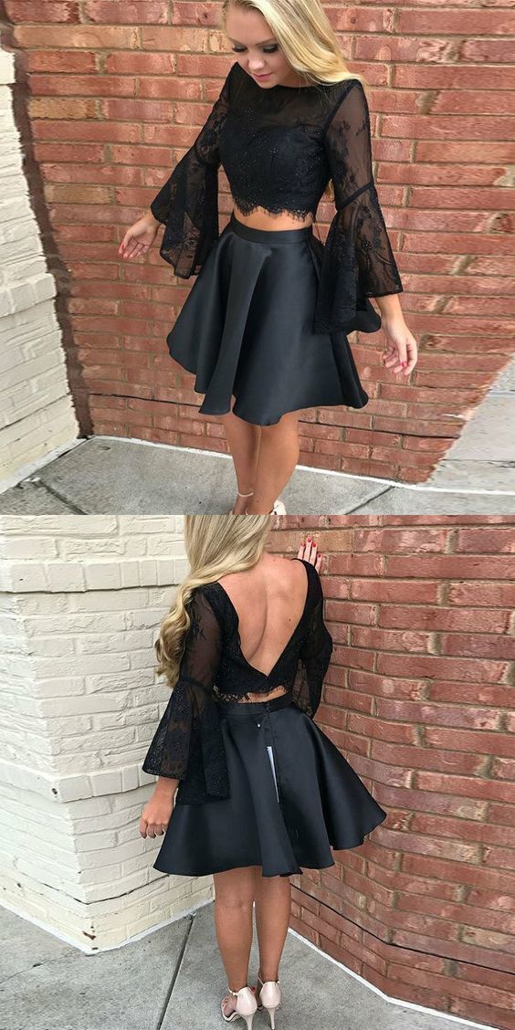 Two Piece Black Short 2 Piece Bell Sleeves Geraldine Homecoming Dresses CD254