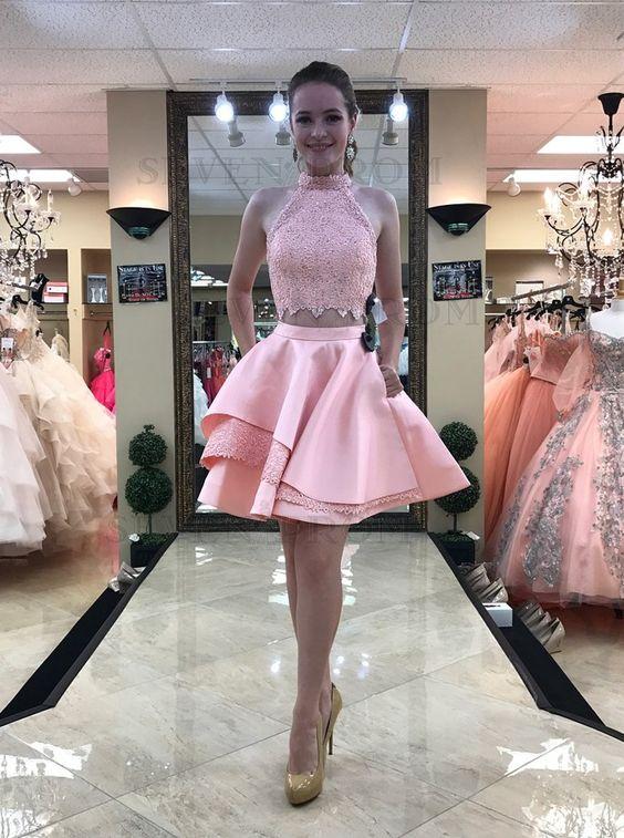 Two Piece High Neck Above-Knee Pink Gwendoline Homecoming Dresses Lace With Pockets DF2832