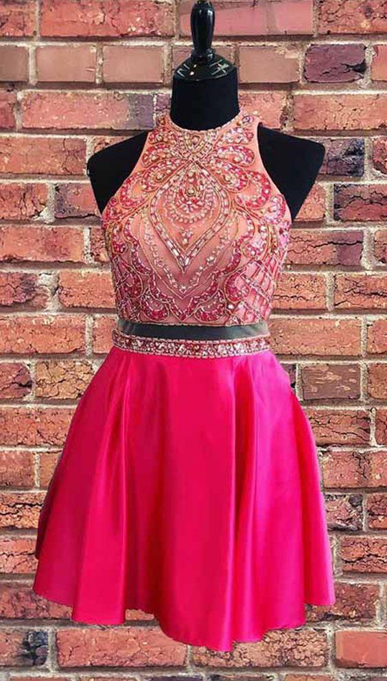 Beaded Jaelyn Pink Homecoming Dresses Two Piece Short Dress Hot CD3311