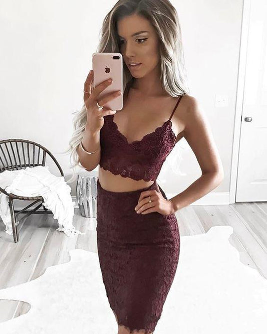 Homecoming Dresses Nicky Lace Two Piece Burgundy Spaghetti Straps Tight CD3319