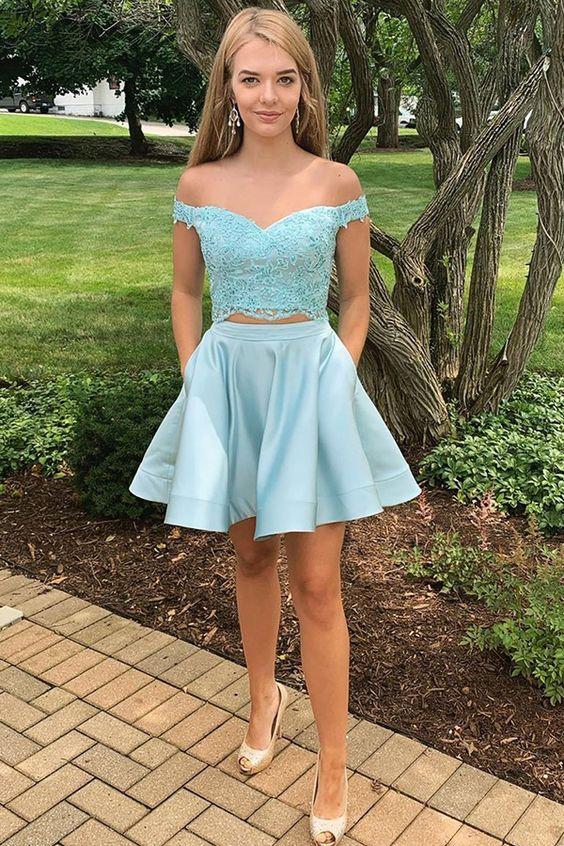 Two Piece Off-The-Shoulder Blue Thalia Homecoming Dresses With Appliques CD3341