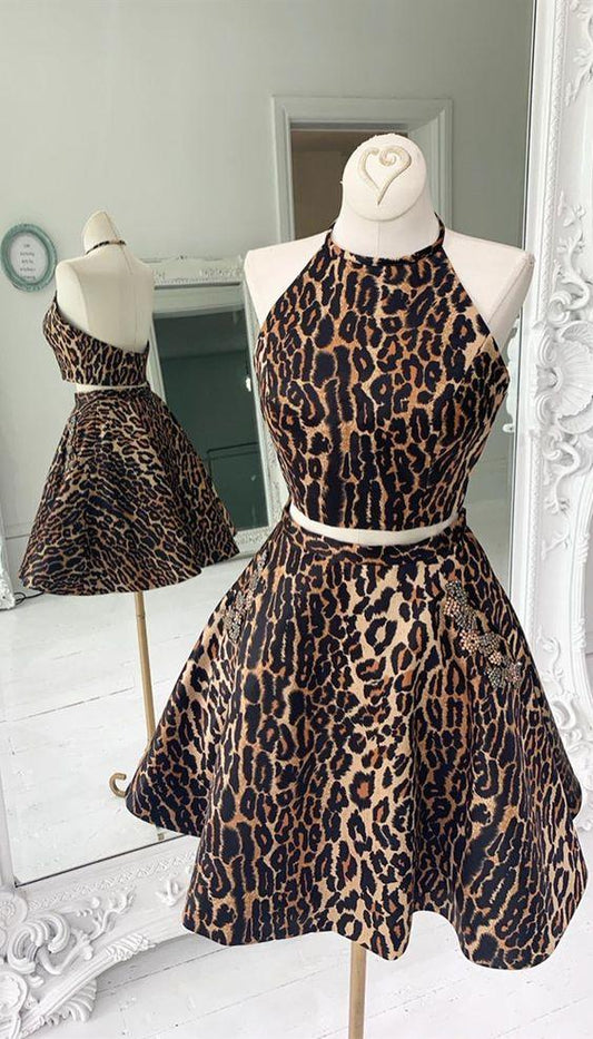 A Line Jackie Two Pieces Homecoming Dresses Backless Leopard Short With Pockets CD3431