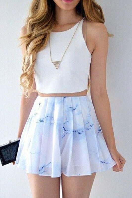 Two Piece Bateau Short Printed Homecoming Dresses Brielle Chiffon White CD368