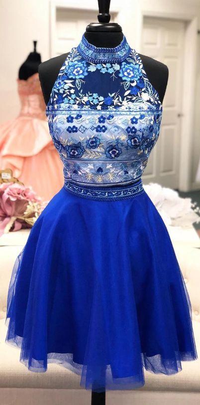 Two Piece With High Neck And Floral Homecoming Dresses Royal Blue Marianna Top CD3900