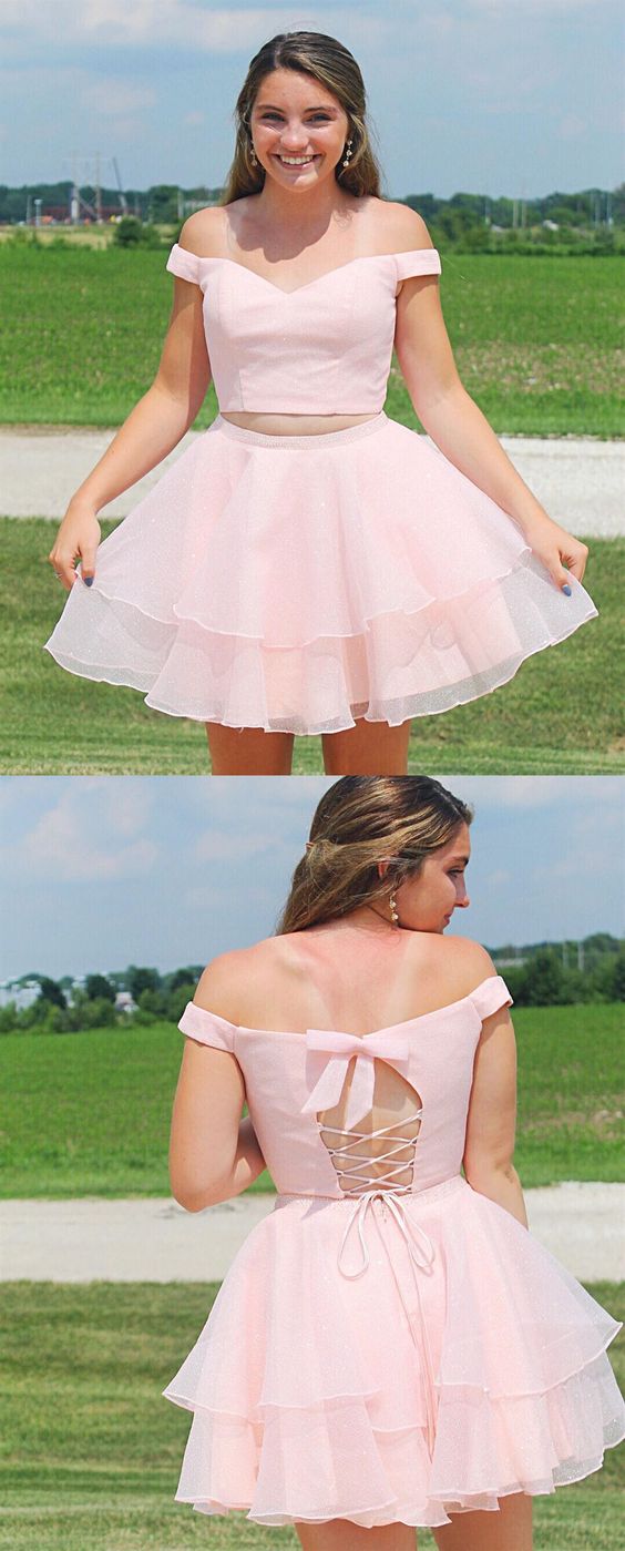 Off The Shoulder With Pink Two Pieces Homecoming Dresses A Line Alena Beading CD4081