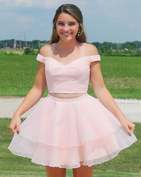 Off The Shoulder With Pink Two Pieces Homecoming Dresses A Line Alena Beading CD4081