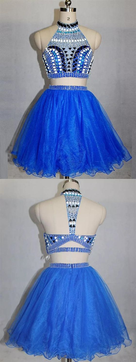 Blue High Neck Beaded Short Dresses Homecoming Dresses Ally Two Pieces Cocktail DF413