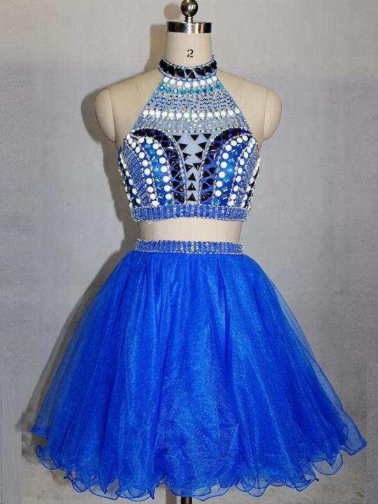 Blue High Neck Beaded Short Dresses Homecoming Dresses Ally Two Pieces Cocktail DF413