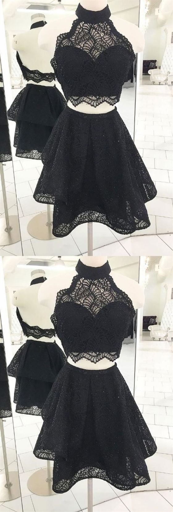 Black Halter Homecoming Dresses Cocktail Two Pieces Valerie Lace Short Dresses CD417