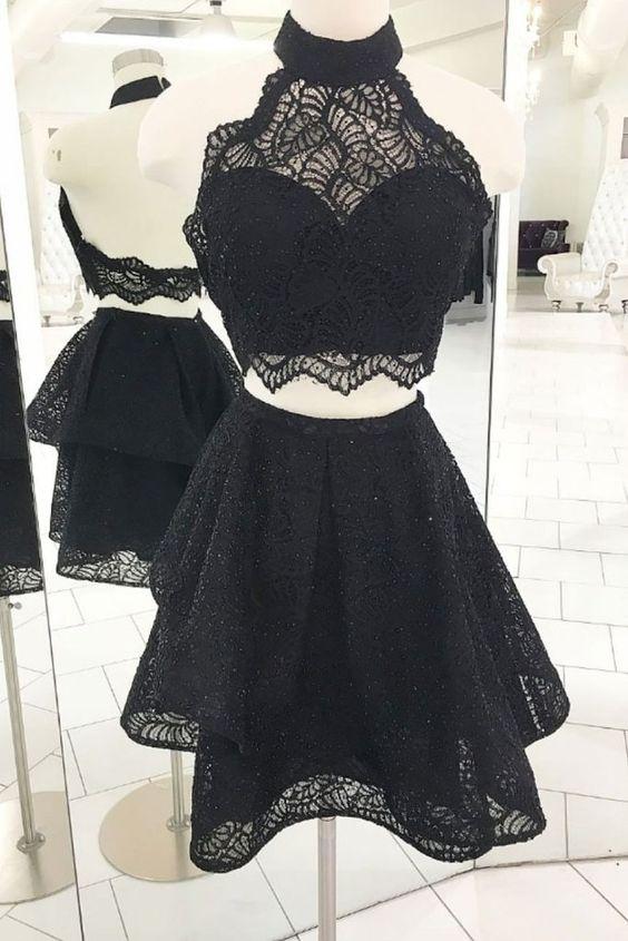 Black Halter Homecoming Dresses Cocktail Two Pieces Valerie Lace Short Dresses CD417