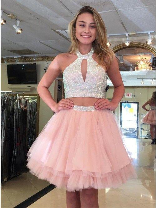 Cute Homecoming Dresses Sienna Pink Halter Two Piece Beaded Short CD419