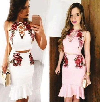 Sexy Yamilet Homecoming Dresses Fashion Straps Floral Embroidery Two Piece CD4324