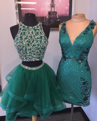 Elegant Short Beaded Tulle Party Gown Green Two Piece Dress Nathaly Homecoming Dresses DF4360