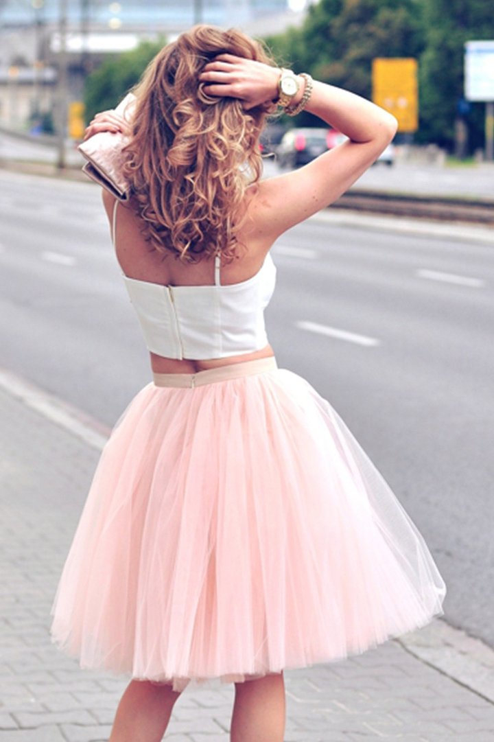 Spaghetti Straps Two Piece Pink Makaila Homecoming Dresses Blush Short Party Dress DF47