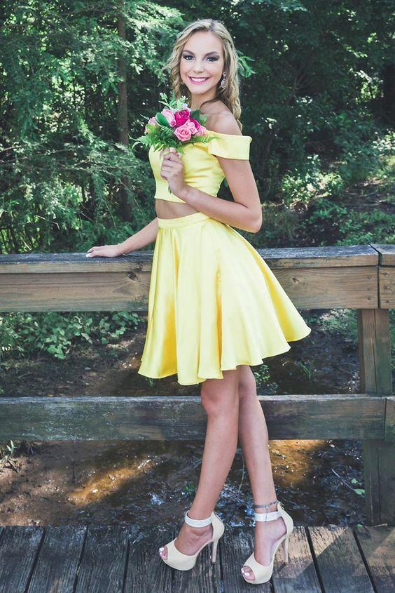 Off The Shoulder Two Piece Party Homecoming Dresses Dana Dress Yellow Short CD4795