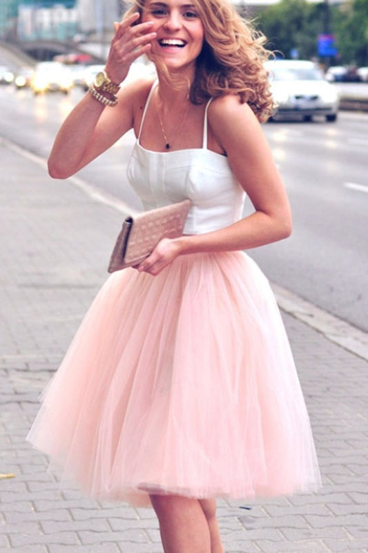 Spaghetti Straps Two Piece Pink Makaila Homecoming Dresses Blush Short Party Dress DF47