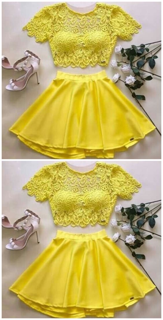 Yellow Two Piece Tiara Homecoming Dresses CD4809