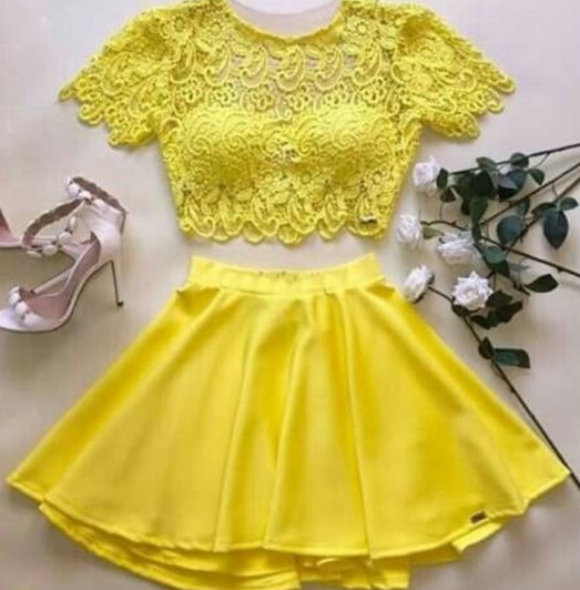 Yellow Two Piece Tiara Homecoming Dresses CD4809