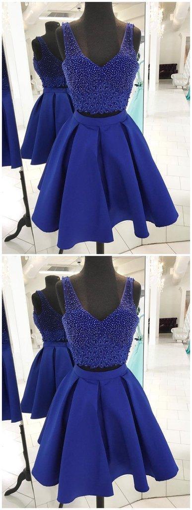 V Neck Beaded Royal Blue Homecoming Dresses Aisha Two Piece CD65