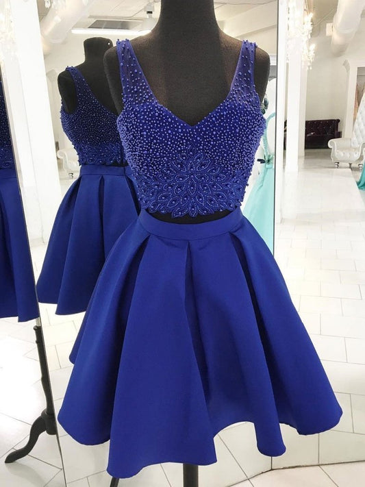 V Neck Beaded Royal Blue Homecoming Dresses Aisha Two Piece CD65