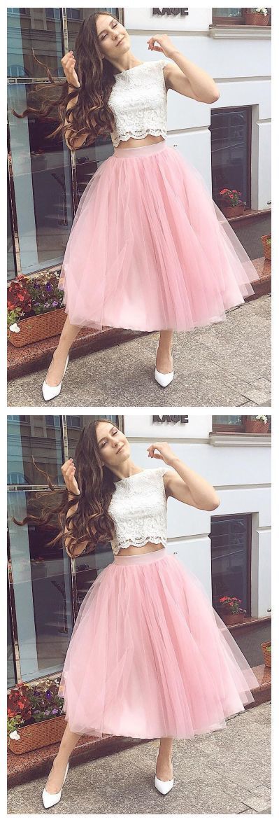 Fashion Two Piece Lace Pink Homecoming Dresses Yamilet Tulle Party Dress CD8030