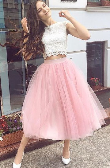 Fashion Two Piece Lace Pink Homecoming Dresses Yamilet Tulle Party Dress CD8030