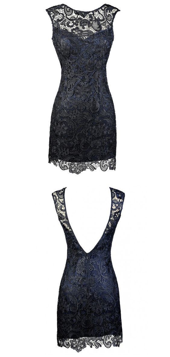 Sheath Homecoming Dresses Luz Lace Bateau Backless Short Navy Blue Mother Of The Bride Dress DF819