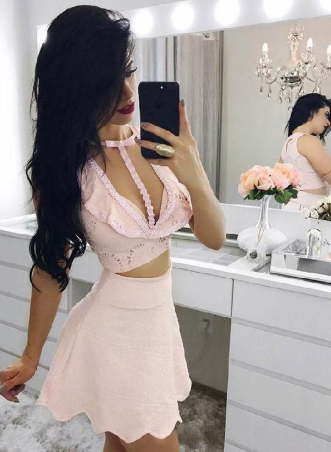 Engrossing Two Piece Pink Lace Chaya Homecoming Dresses CD885