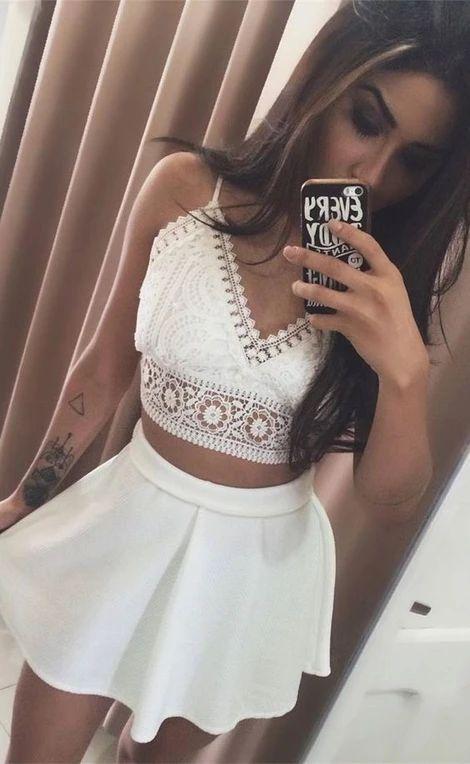 Mareli Homecoming Dresses Lace Two Piece Spaghetti Straps Short White With CD8957