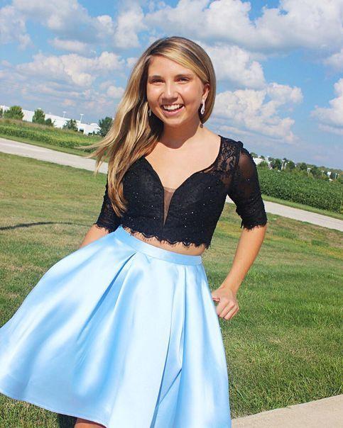 Two Piece Black And Serena Homecoming Dresses Light Sky Blue Short CD9552