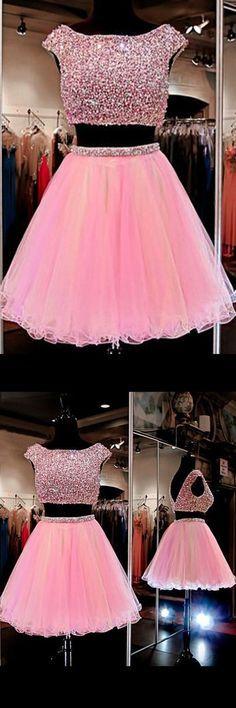 Homecoming Dresses Two Pieces Pink Martha Cute Jewel Beading CD9897