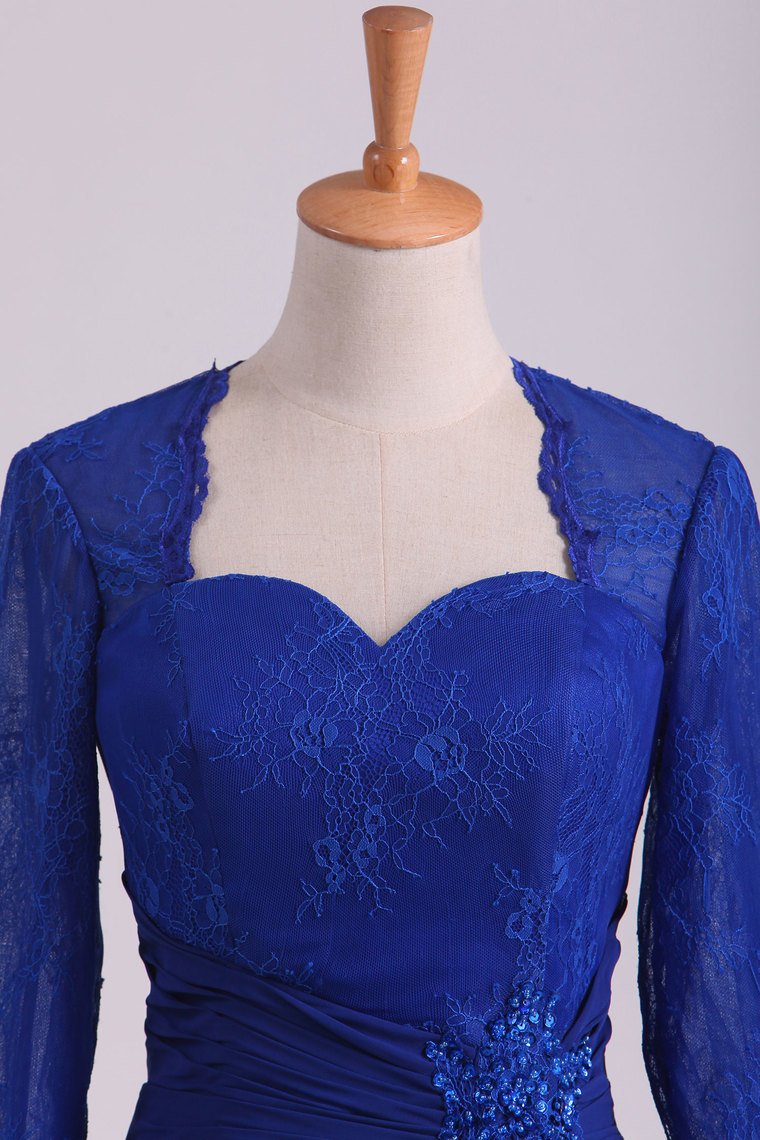 Mother Of The Bride Dresses Long Sleeves Chiffon With Applique Open Back Dark Royal Blue